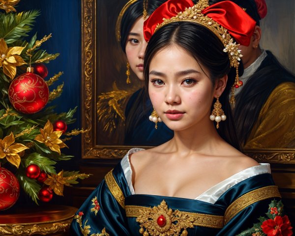 Elegant Woman in Blue Gown with Holiday Decorations