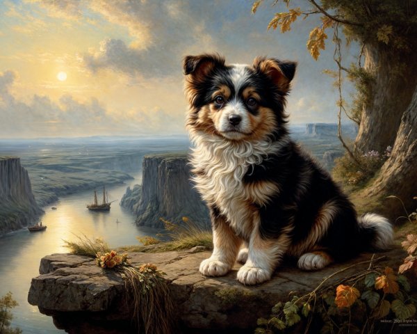 Fluffy Puppy on Rocky Ledge Overlooking River Landscape