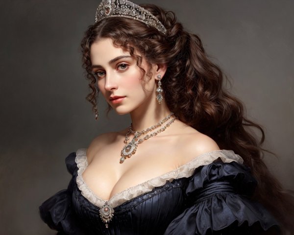 Regal woman portrait in elegant attire and tiara on muted background