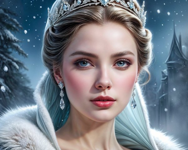 Regal Young Woman in Silver Tiara and Winter Scene