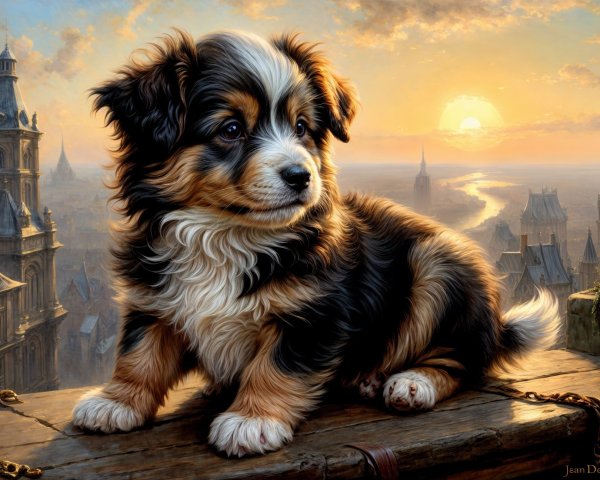Tricolor Puppy on Crate at Sunset by River