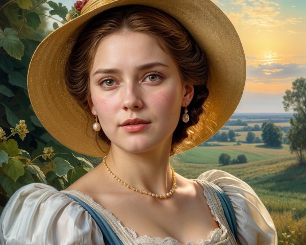 Young woman in floral hat against serene sunset landscape