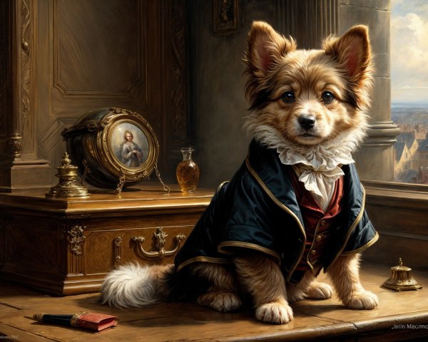 Corgi in Suit at Elegant Desk with Scenic View