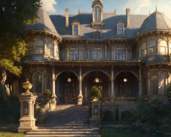 Ornate mansion with grand columns and arched windows