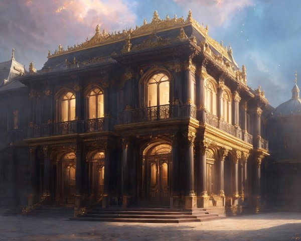 Ornate mansion with golden details and misty surroundings
