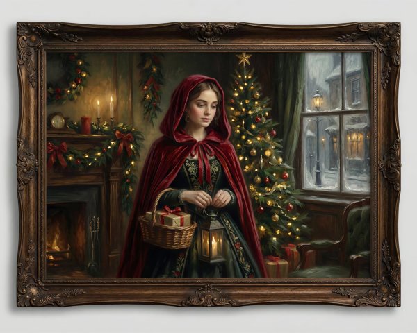 Young Woman in Red Cloak in Festive Christmas Scene