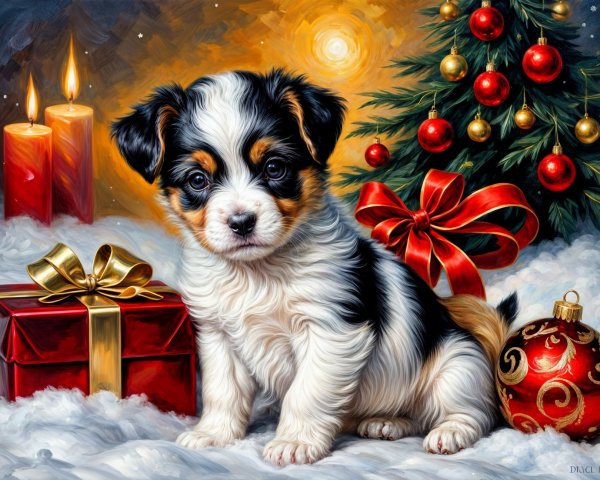Fluffy Puppy Surrounded by Christmas Decorations