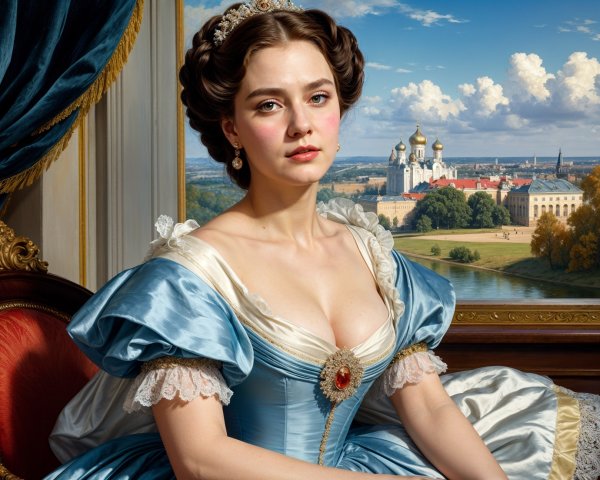 Elegant Young Woman in Blue Gown in Opulent Setting