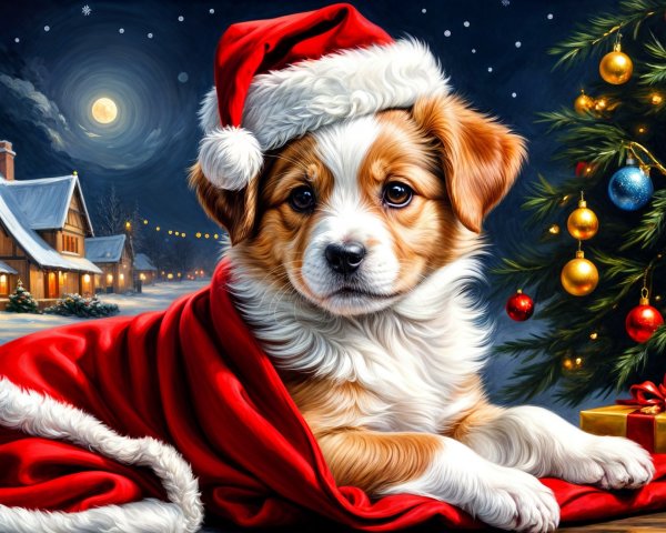 Puppy in Santa Hat Among Christmas Decorations and Snow