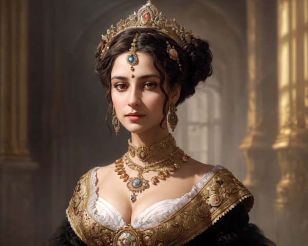 Regal woman in period gown with jeweled crown and necklace gazes pensively.
