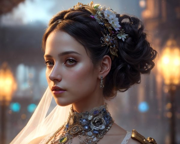 Elegant Woman with Floral Updo and Luxurious Attire