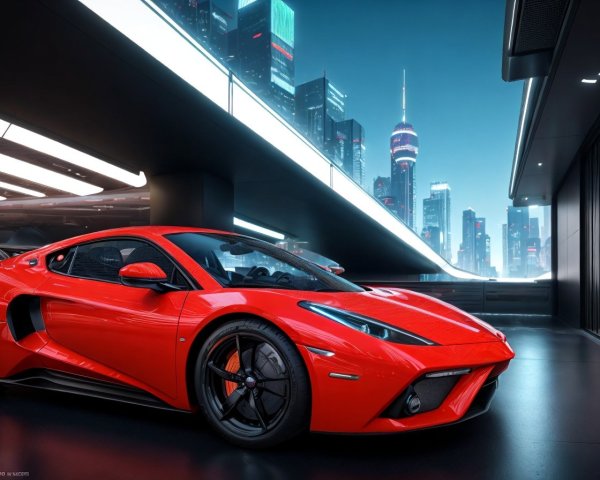 Vibrant cityscape view from futuristic garage with red sports car