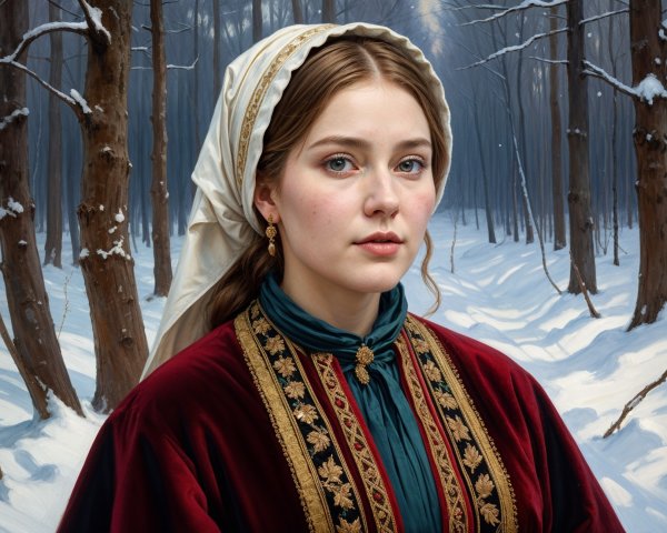Young Woman in Traditional Outfit in Snowy Forest
