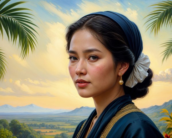 Young Woman in Traditional Attire Against Mountain Backdrop