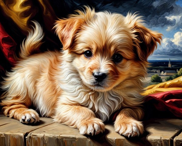 Fluffy Golden-Brown Puppy on Rustic Wooden Surface