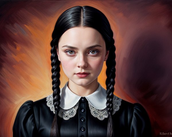 Young girl in black dress with braids and serious expression