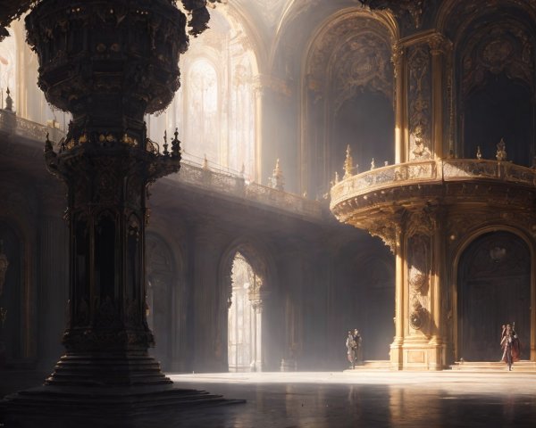 Sunbeams Illuminate Grand Hall with Baroque Balcony