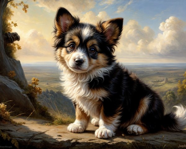 Fluffy Corgi Puppy on Rocky Outcrop with Scenic Hills