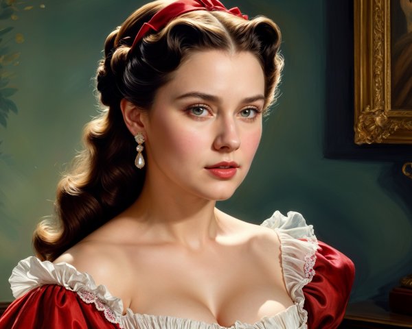 Elegant Young Woman in Vintage Red Gown and Ribbon