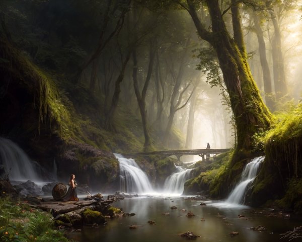 Tranquil forest waterfall scene with misty atmosphere and figures by the water
