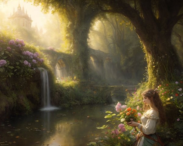 Tranquil fantasy landscape with woman, river, waterfall, and ruins