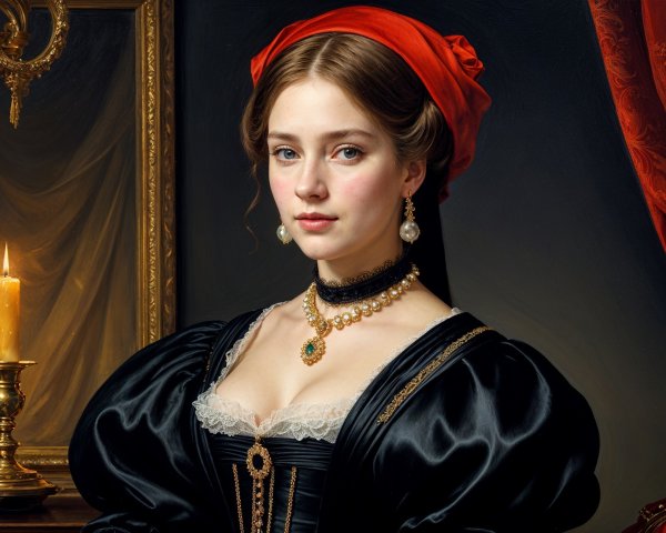 Young Woman in Elegant Black Gown and Red Headscarf