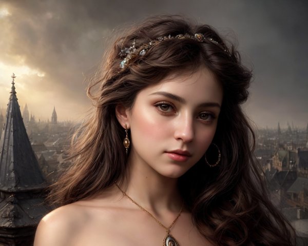 Young woman with jeweled headband and earrings, striking eyes, against gothic city backdrop.