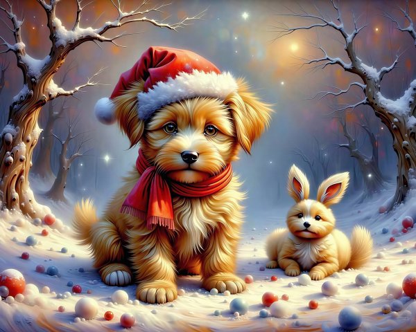 Fluffy golden puppy and rabbit in snowy forest scene