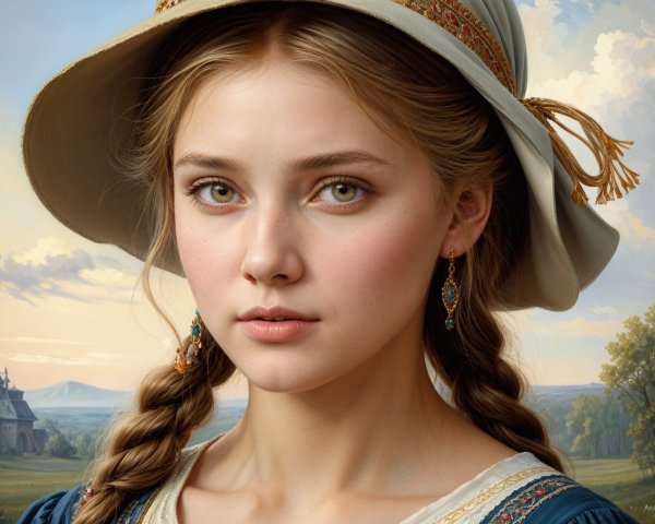 Young Woman in Hat Against Scenic Landscape