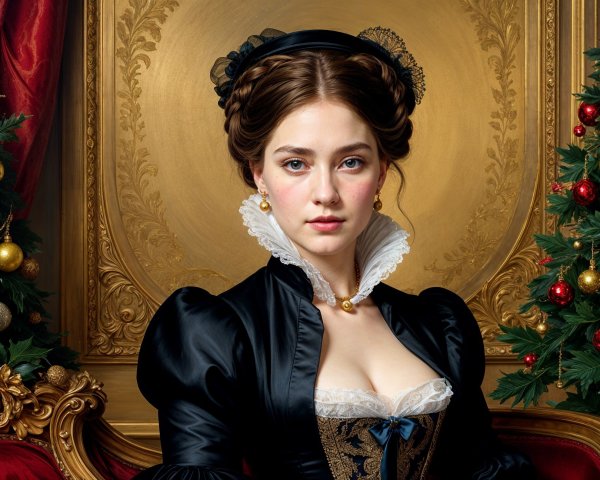 Victorian Dress with Lace and Festive Background