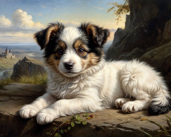 Tri-Colored Puppy on Rock in Scenic Landscape