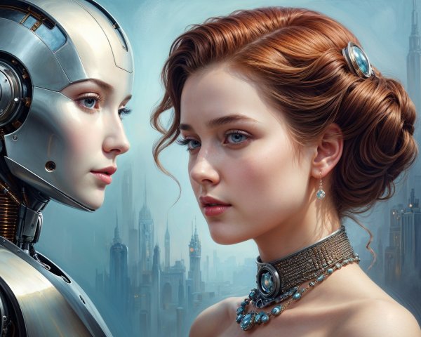 Futuristic Scene of Robot and Human in Cityscape