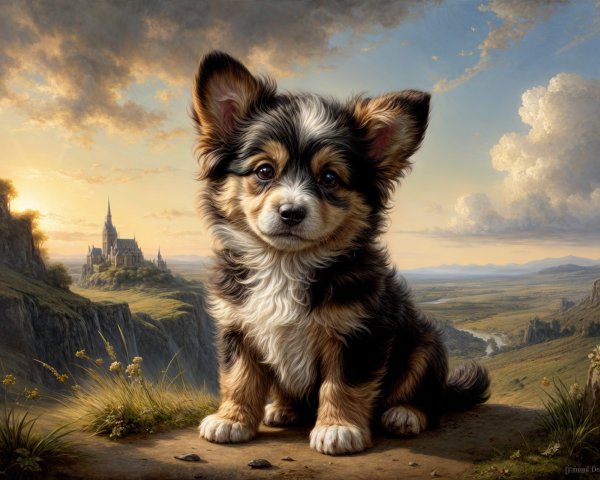 Corgi Puppy in Scenic Landscape with Castle and Hills