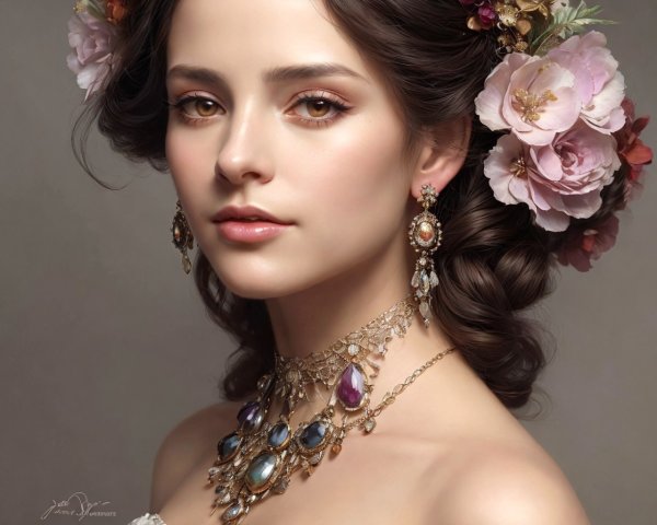 Woman portrait with elegant hairstyle, floral headdress, and gemstone jewelry.