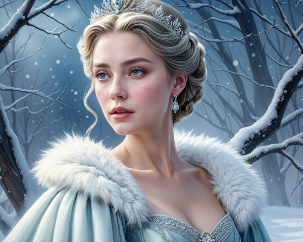 Regal figure in icy blue gown in snowy forest