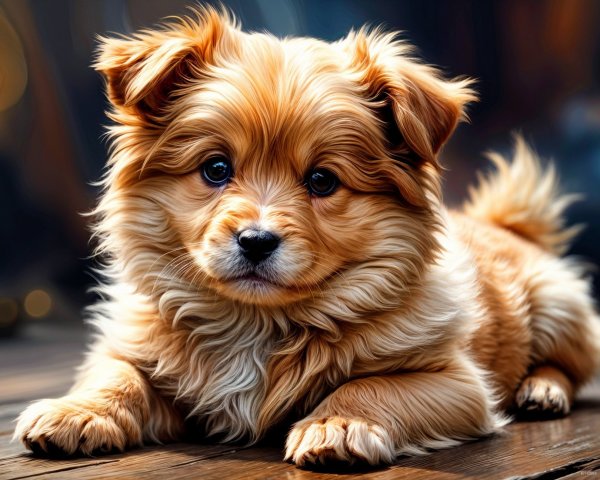 Fluffy Golden Brown Puppy on Wooden Surface