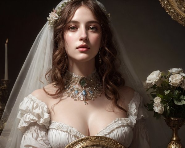 Bridal Gown with Veil and Romantic Floral Setting