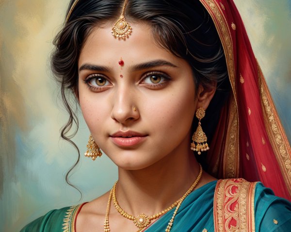 Traditional Attire of a Young Woman in Teal Saree