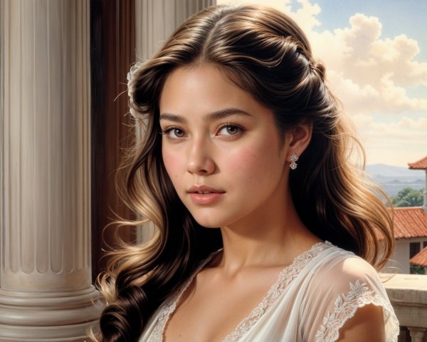 Young woman in lace gown by classical architecture