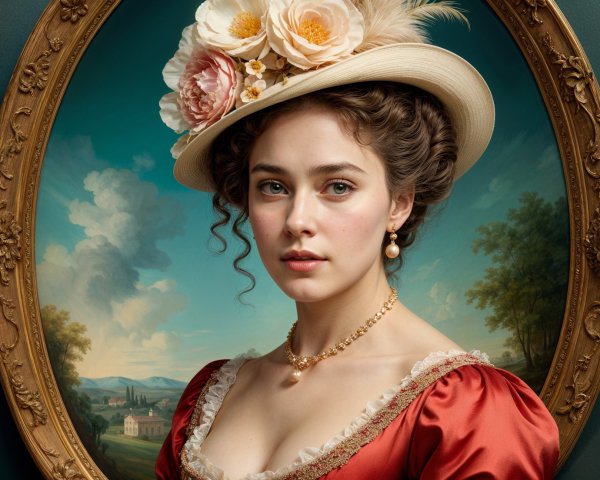 Young woman in vintage dress with floral hat and pearls