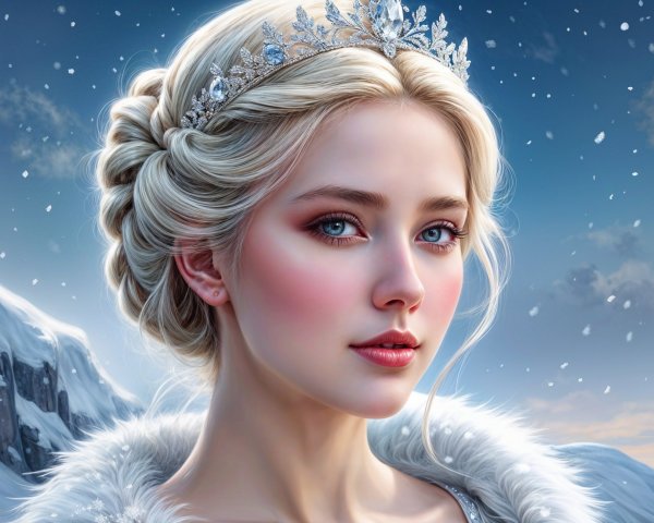 Young Woman in Crown Amidst Winter Wonderland