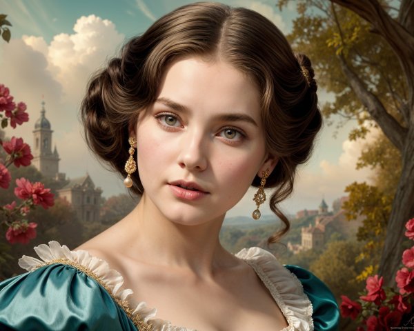 Young woman in turquoise dress with lush backdrop