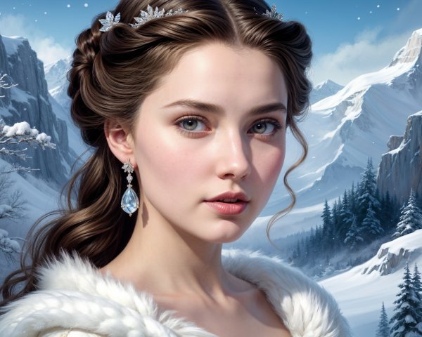 Young Woman in Winter Landscape with Butterflies and Fur Shawl