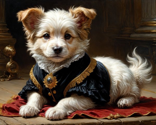 Puppy in Regal Outfit on Plush Red Carpet