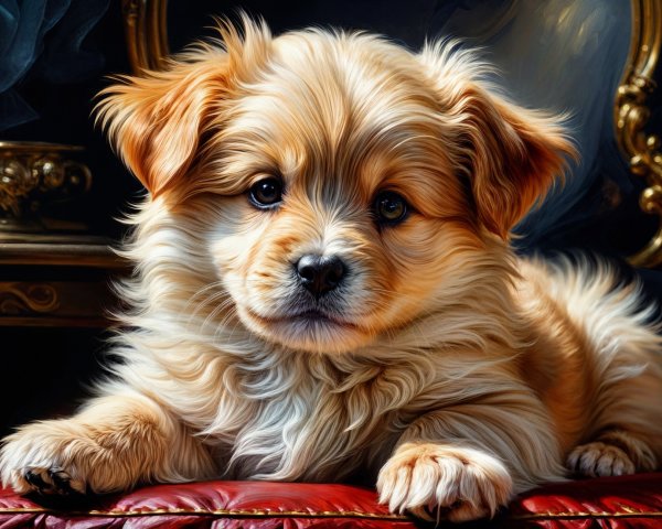 Golden Puppy Resting on Red Velvet Surface