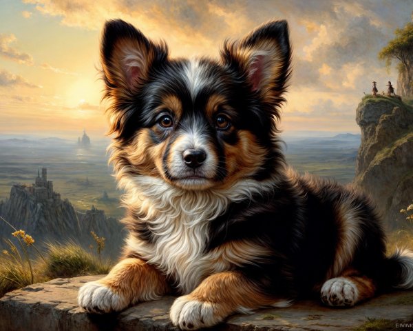Fluffy Tri-Colored Dog on Rocky Outcrop at Sunset