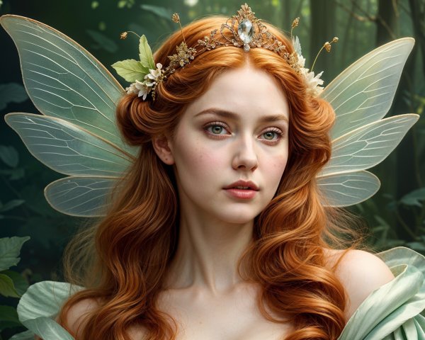 Fairy in Lush Forest with Red Hair and Wings