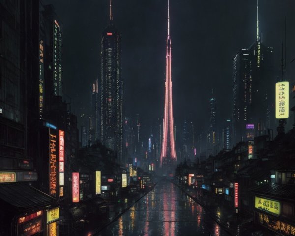 Futuristic cityscape at night: neon signs, slick streets, towering spire, red light