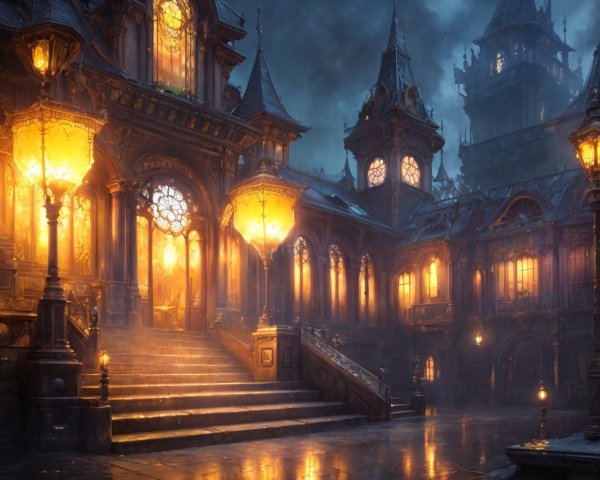 Illuminated Grand Building in Misty Twilight Scene