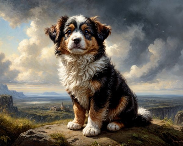 Tri-Colored Puppy on Rocky Outcrop with Scenic View